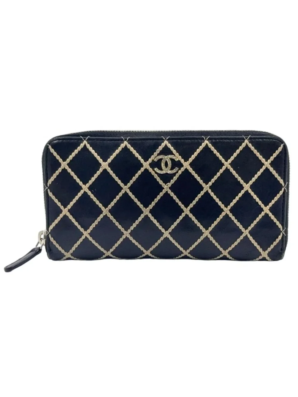 Chanel Wild Stitch Zip Around Lambskin Black Wallet Silver